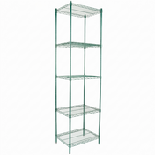 A tall, green epoxy-coated metal shelving unit with five evenly spaced shelves, supported by four vertical poles, stands against a plain white background. The open NSF design allows visibility through the shelves.