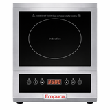 A stainless steel Empura countertop induction cooktop with a black glass surface. This single burner induction range features a white-outlined cooking zone, “induction” at center, red digital display, touch controls, and a hot surface caution.