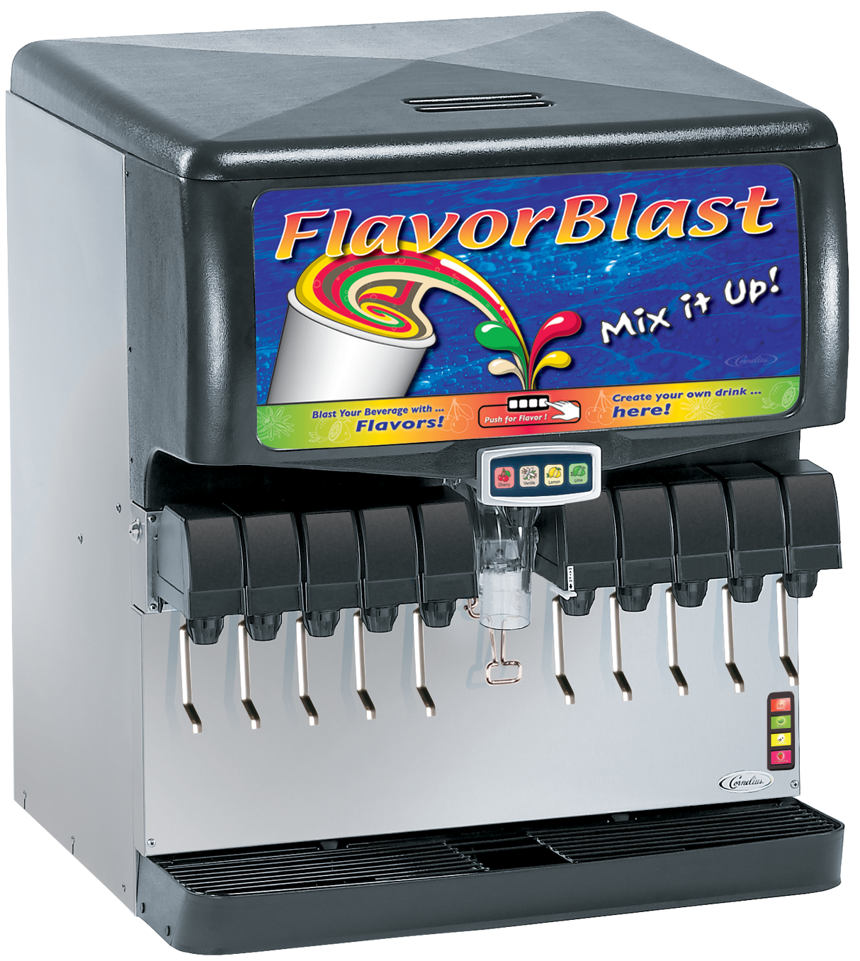 A silver and black FlavorBlast Mix it Up! Ice & Post-Mix Beverage Dispenser features colorful graphics of splashing drinks. Its control panel and multiple dispensers let you blend flavors, craft custom beverages, and is fully ADA Compliant.