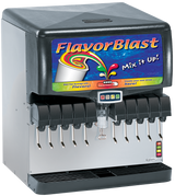 A silver and black FlavorBlast Mix it Up! Ice & Post-Mix Beverage Dispenser features colorful graphics of splashing drinks. Its control panel and multiple dispensers let you blend flavors, craft custom beverages, and is fully ADA Compliant.