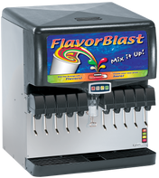 A silver and black FlavorBlast Mix it Up! Ice & Post-Mix Beverage Dispenser features colorful graphics of splashing drinks. Its control panel and multiple dispensers let you blend flavors, craft custom beverages, and is fully ADA Compliant.