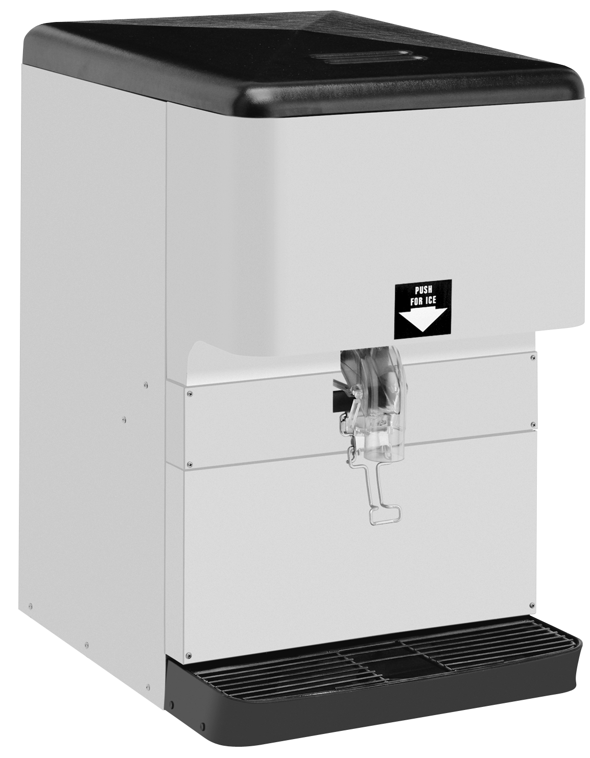 A minimal, industrial countertop ice dispenser with a black top and base features a large Push for Ice button above the chute. The drip tray below catches excess ice or water, and it boasts a 150 lbs. ice capacity—perfect for busy spaces.