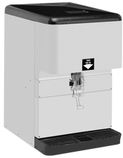 A minimal, industrial countertop ice dispenser with a black top and base features a large Push for Ice button above the chute. The drip tray below catches excess ice or water, and it boasts a 150 lbs. ice capacity—perfect for busy spaces.