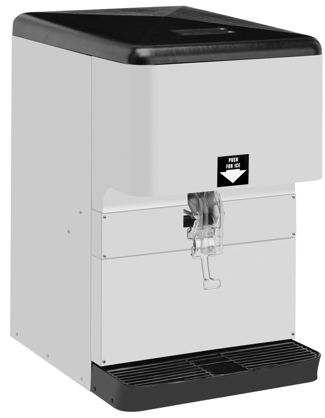 A minimal, industrial countertop ice dispenser with a black top and base features a large Push for Ice button above the chute. The drip tray below catches excess ice or water, and it boasts a 150 lbs. ice capacity—perfect for busy spaces.