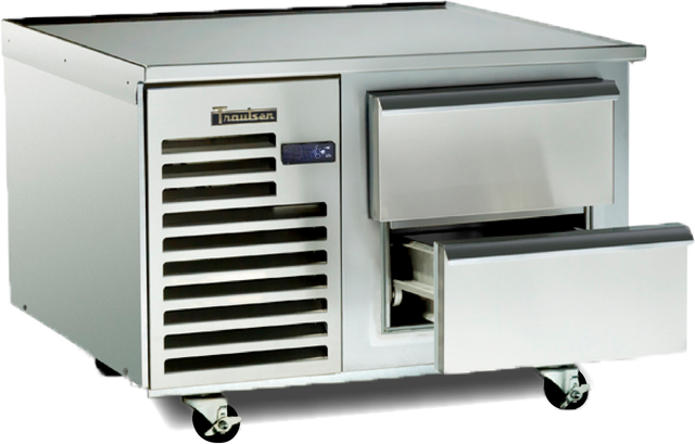 A stainless steel commercial refrigerator with self-contained refrigeration sits on wheels, featuring two horizontal pull-out drawers—one partially open—and a vented section with a Traulsen logo. The appliance is clean, industrial, and ideal as a freezer equipment stand.