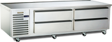 A commercial stainless steel refrigerated equipment stand with four pull-out drawers, generous pan capacity, vented panel and digital display on the left side, and six caster wheels for mobility, set against a plain white background.
