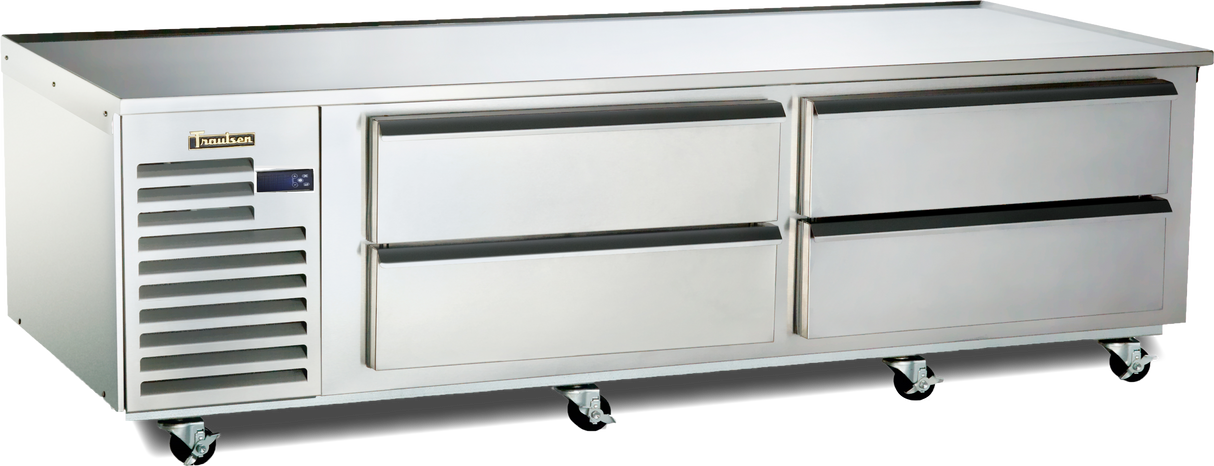 A commercial stainless steel freezer worktop with four pull-out drawers and self-contained refrigeration, featuring a vented cooling unit on the left, small digital display, and caster wheels for mobility—ideal as a Spec-Line Freezer Equipment Stand.