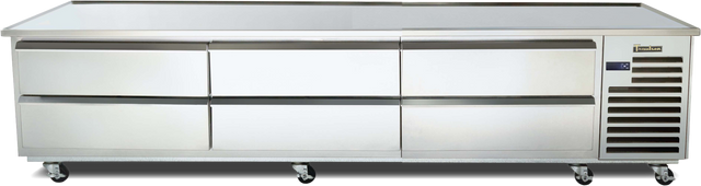 A large, stainless steel refrigerated equipment stand with six pull-out drawers and vented panels on the right side, set on four lockable caster wheels. Its flat surface doubles as a countertop and offers high pan capacity for busy professional kitchens.