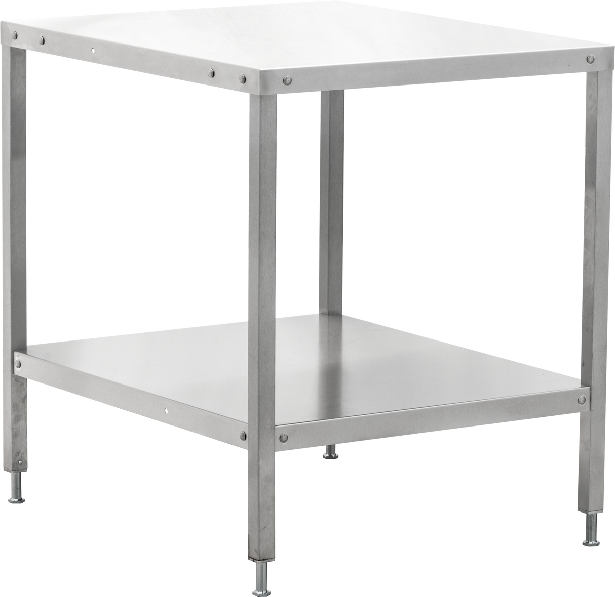 A stainless steel Hobart cutter table with a square top, four straight adjustable legs, and a lower shelf. The simple, industrial design features visible bolts at the joints and adjustable feet for leveling. Set against a plain white background.