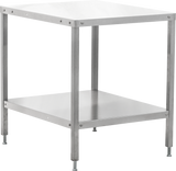 A stainless steel Hobart cutter table with a square top, four straight adjustable legs, and a lower shelf. The simple, industrial design features visible bolts at the joints and adjustable feet for leveling. Set against a plain white background.