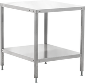 A stainless steel Hobart cutter table with a square top, four straight adjustable legs, and a lower shelf. The simple, industrial design features visible bolts at the joints and adjustable feet for leveling. Set against a plain white background.