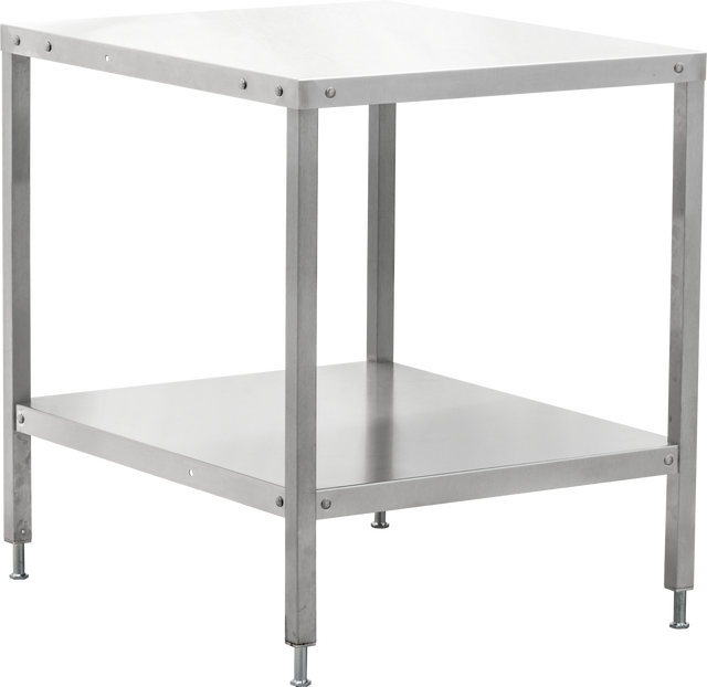 A stainless steel Hobart cutter table with a square top, four straight adjustable legs, and a lower shelf. The simple, industrial design features visible bolts at the joints and adjustable feet for leveling. Set against a plain white background.