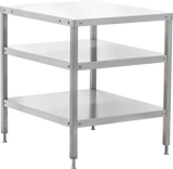 Stainless steel equipment stand with two undershelves and an upper work surface. The table features sturdy, adjustable legs for stability and is designed for industrial or kitchen use. Surfaces and frame are smooth, metallic, and reflective. No background.