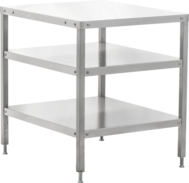 Stainless steel equipment stand with two undershelves and an upper work surface. The table features sturdy, adjustable legs for stability and is designed for industrial or kitchen use. Surfaces and frame are smooth, metallic, and reflective. No background.