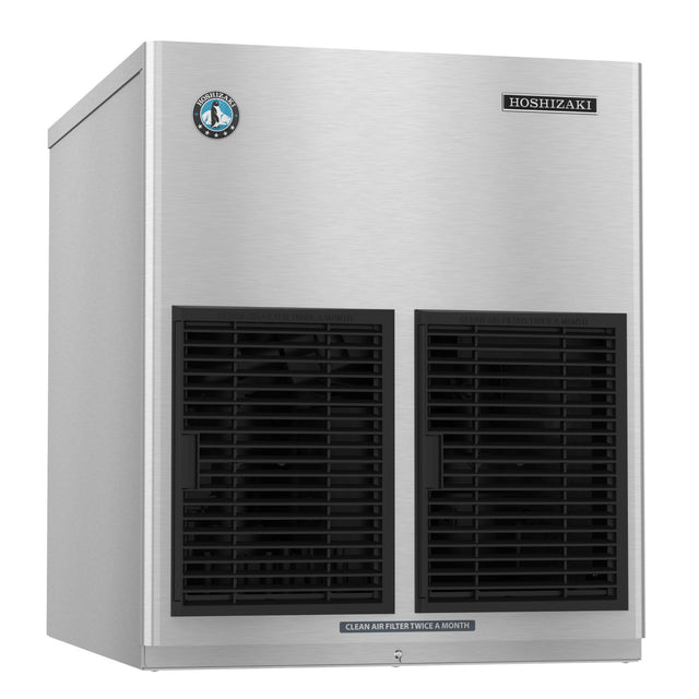 A stainless steel Hoshizaki high production ice maker featuring a logo on the upper left, two large black ventilation grilles on the front, and a label reading CLEAN AIR FILTER TWICE A MONTH. The background is plain white.