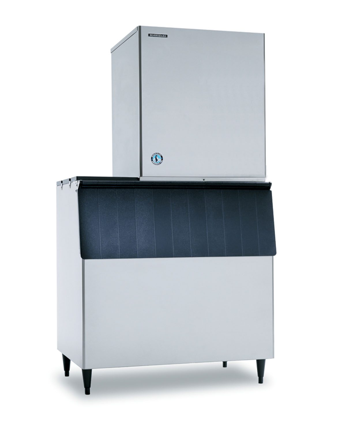 A large Hoshizaki ice maker featuring a tall silver ice-making unit and a spacious black and silver storage bin below. Its sleek design produces cubelet ice, and the machine stands on four legs against a plain white background.