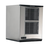 A sleek, rectangular Scotsman flake ice maker features two large black ventilation grilles, a digital Prodigy Plus control panel, and an air-cooled design for efficient performance. The brand name Scotsman sits prominently at the top.