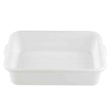 A plain, rectangular white ceramic baking dish with slightly rounded corners and shallow sides. The dish is dishwasher safe, has small handles on each short end, a smooth, glossy finish, and is photographed against a white background.