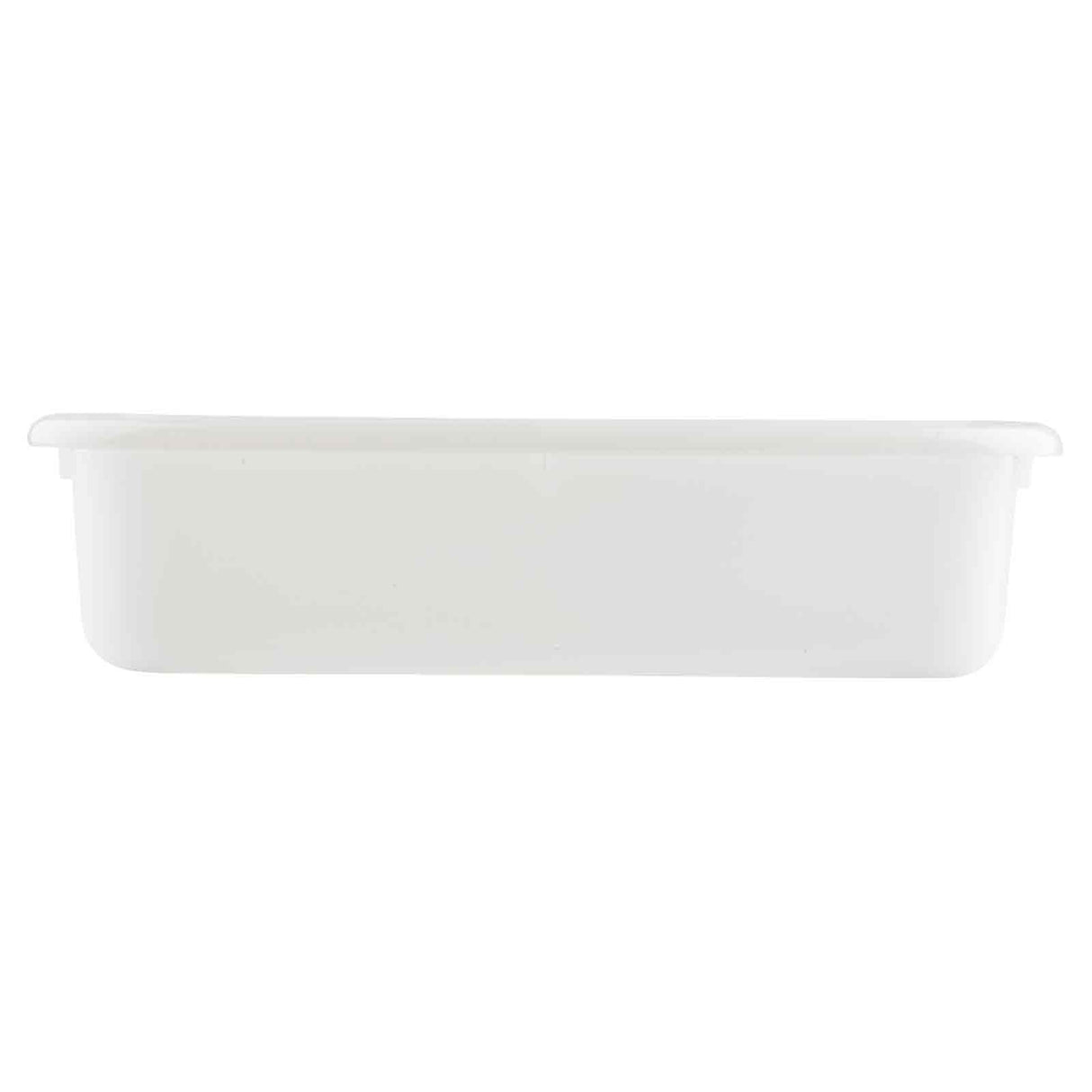 A plain, rectangular white plastic storage container made from high density polyethylene is shown from the side against a white background. The container has a slight lip around the top edge and smooth, featureless sides.