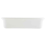 A plain, rectangular white plastic storage container made from high density polyethylene is shown from the side against a white background. The container has a slight lip around the top edge and smooth, featureless sides.