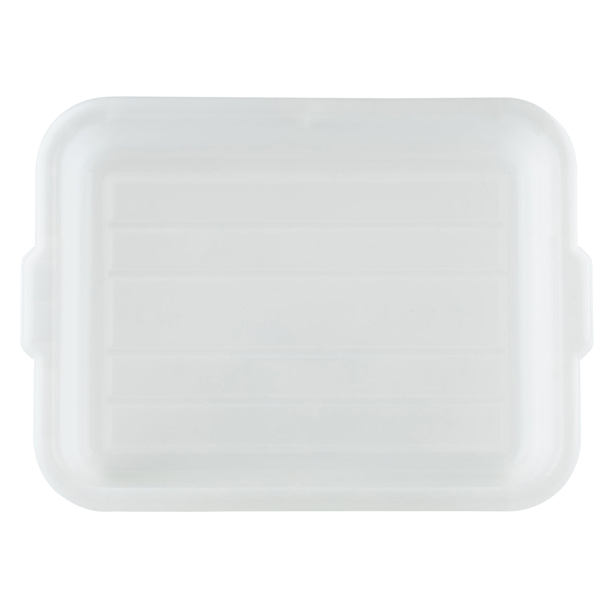 A translucent rectangular plastic lid with rounded corners and two small side tabs, viewed from above. Made of high density polyethylene, it features three faint horizontal ridges and is dishwasher safe with a slightly frosted appearance.