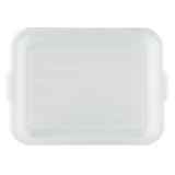A translucent rectangular plastic lid with rounded corners and two small side tabs, viewed from above. Made of high density polyethylene, it features three faint horizontal ridges and is dishwasher safe with a slightly frosted appearance.