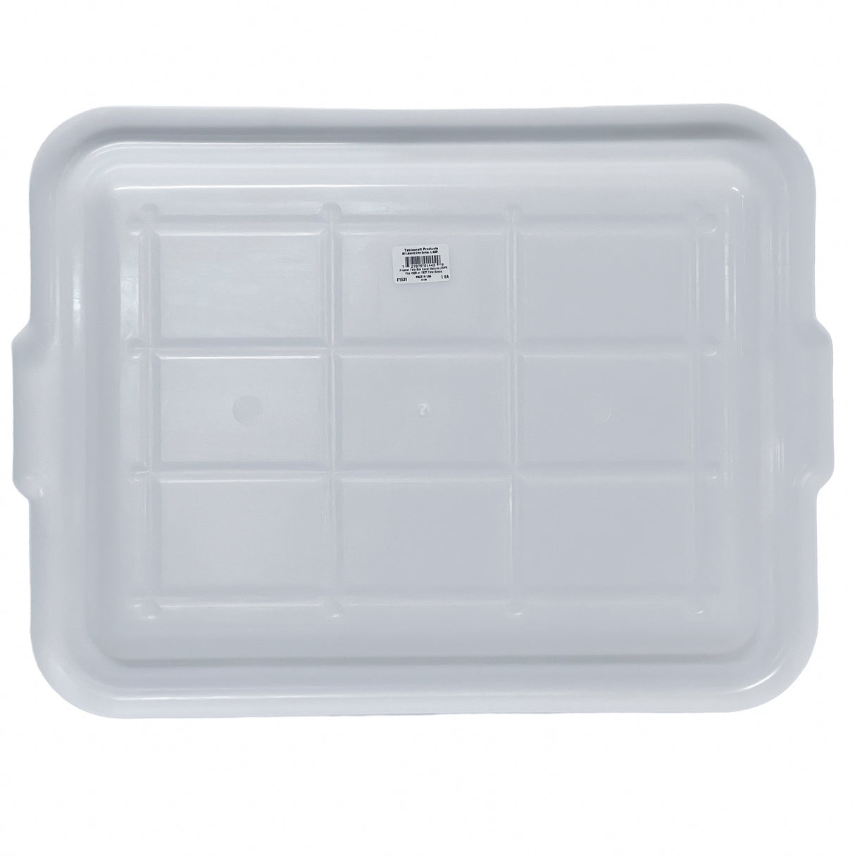 A rectangular, white plastic tray made of high density polyethylene with raised edges and slightly curved corners. The surface has grid-like grooves and a small barcode sticker in the center. NSF certified, ideal for use as a Freezer Storage Box Cover.