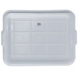A rectangular, white plastic tray made of high density polyethylene with raised edges and slightly curved corners. The surface has grid-like grooves and a small barcode sticker in the center. NSF certified, ideal for use as a Freezer Storage Box Cover.