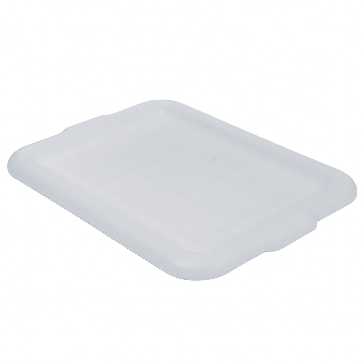 A translucent, rectangular high density polyethylene lid with rounded corners and two small side handles, shown at a slight angle against a white background. NSF certified, it is lightweight and functional as a freezer storage box cover.