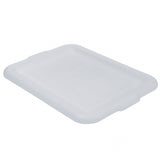 A translucent, rectangular high density polyethylene lid with rounded corners and two small side handles, shown at a slight angle against a white background. NSF certified, it is lightweight and functional as a freezer storage box cover.