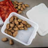 A group of small brown potatoes spill from a red mesh bag into a white high density polyethylene tote box with a matching lid nearby. The items rest on a gray countertop, some potatoes in the box, others beside the bag.