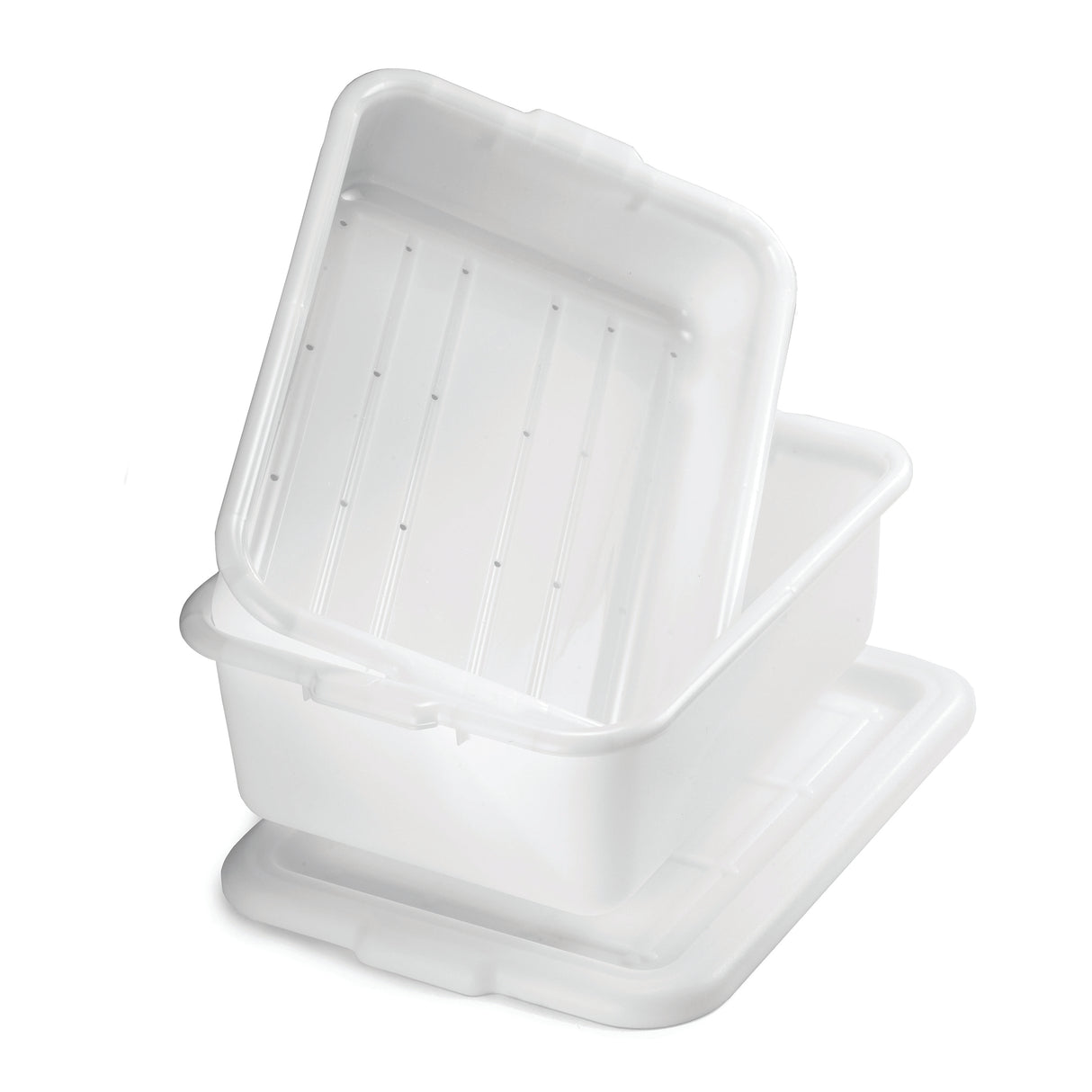 A stack of two white, rectangular tote boxes with lids. One container is upright with its lid placed underneath, while the other is tilted, resting inside. Both are empty, clean, dishwasher safe, and feature smooth surfaces with subtle ridges.