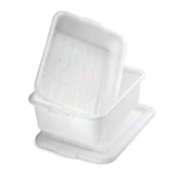 A stack of two white, rectangular tote boxes with lids. One container is upright with its lid placed underneath, while the other is tilted, resting inside. Both are empty, clean, dishwasher safe, and feature smooth surfaces with subtle ridges.