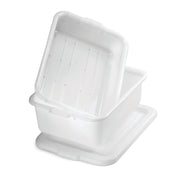 A stack of two white, rectangular tote boxes with lids. One container is upright with its lid placed underneath, while the other is tilted, resting inside. Both are empty, clean, dishwasher safe, and feature smooth surfaces with subtle ridges.