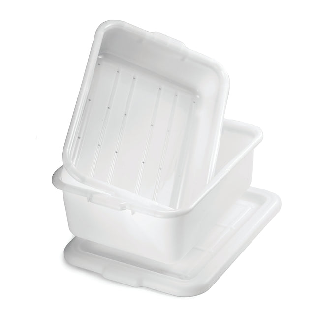 A stack of two white, rectangular tote boxes with lids. One container is upright with its lid placed underneath, while the other is tilted, resting inside. Both are empty, clean, dishwasher safe, and feature smooth surfaces with subtle ridges.