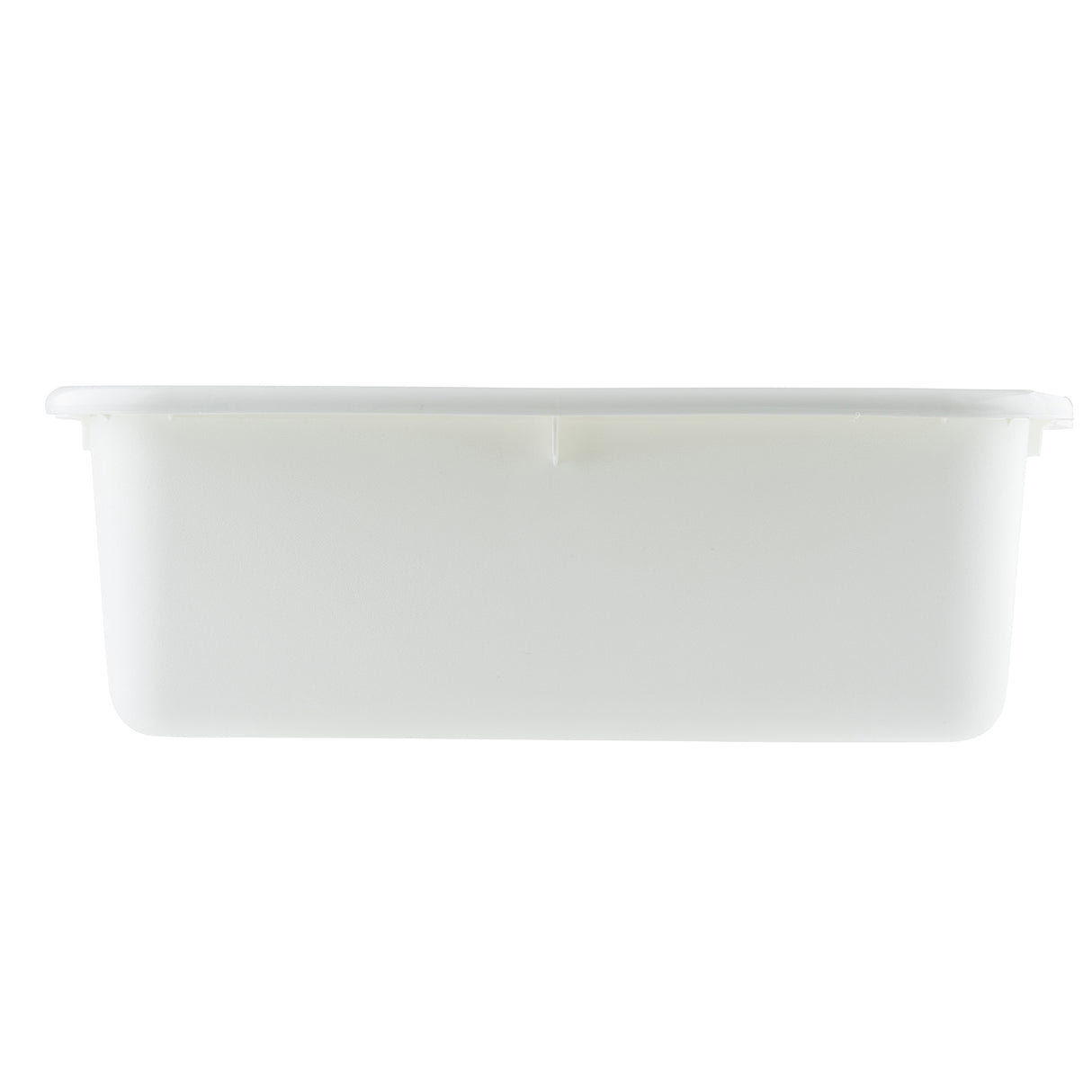 A plain white rectangular tote box made of high density polyethylene, featuring a slightly raised rim and rounded corners, is shown against a white background. The container is photographed from the side with its lid closed.
