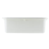 A plain white rectangular tote box made of high density polyethylene, featuring a slightly raised rim and rounded corners, is shown against a white background. The container is photographed from the side with its lid closed.