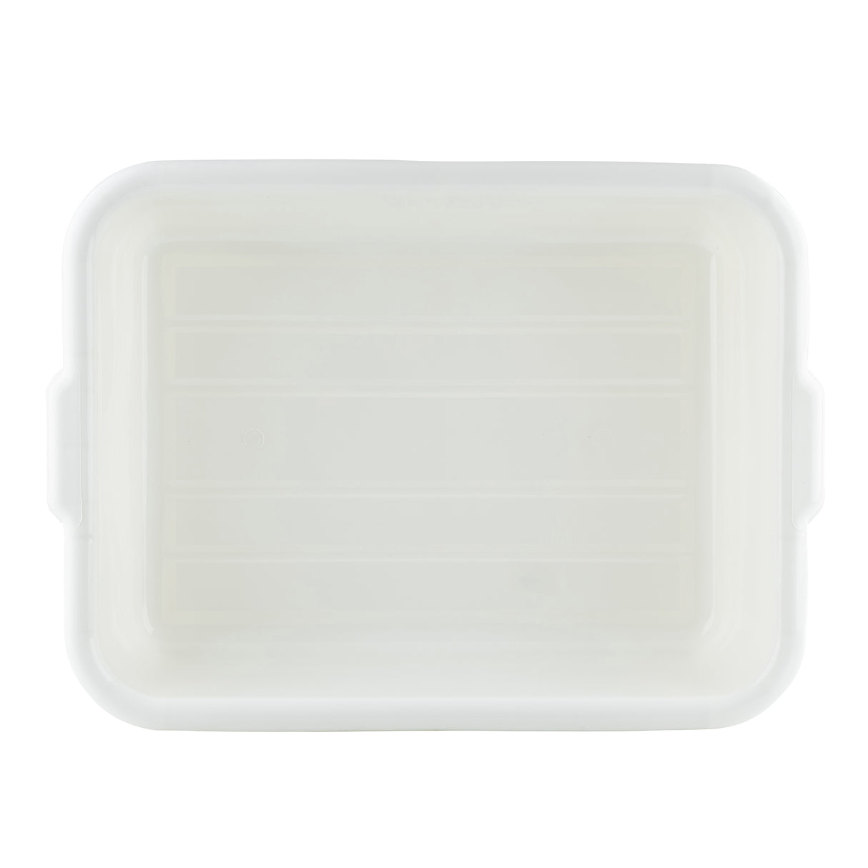 A top-down view of a rectangular, translucent high density polyethylene tote box with slightly rounded corners and subtle side handles. The container is empty, showcasing its smooth, dishwasher safe surface and inner grooves against a plain white background.