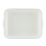 A top-down view of a rectangular, translucent high density polyethylene tote box with slightly rounded corners and subtle side handles. The container is empty, showcasing its smooth, dishwasher safe surface and inner grooves against a plain white background.