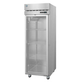 A Hoshizaki Steelheart Series Freezer, this commercial stainless steel reach-in freezer features a glass door, three wire shelves, digital control panel, top ventilation, and caster wheels. The empty interior showcases a clean, modern design.
