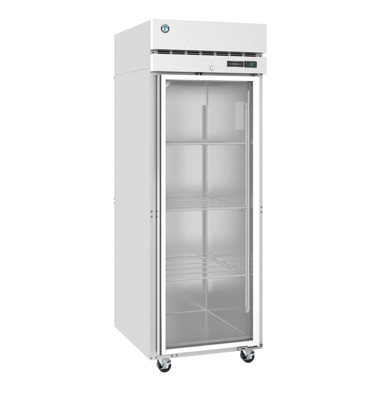 A sleek, industrial Hoshizaki Steelheart Series Freezer with a glass door, three wire shelves, a top control panel, and four caster wheels for mobility. This commercial reach-in freezer features an empty stainless steel interior.