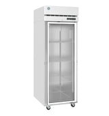 A sleek, industrial Hoshizaki Steelheart Series Freezer with a glass door, three wire shelves, a top control panel, and four caster wheels for mobility. This commercial reach-in freezer features an empty stainless steel interior.