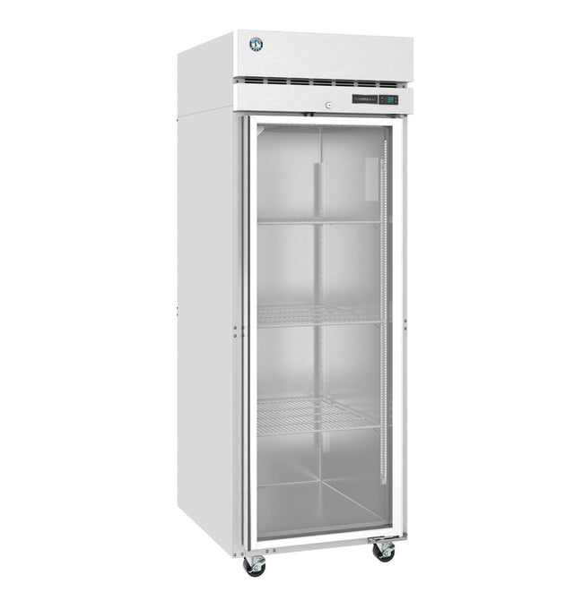 A sleek, industrial Hoshizaki Steelheart Series Freezer with a glass door, three wire shelves, a top control panel, and four caster wheels for mobility. This commercial reach-in freezer features an empty stainless steel interior.