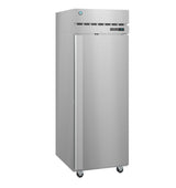 A tall, stainless steel Hoshizaki Steelheart Series Freezer with a single door, ventilation grill at the top, digital display, control panel, and four caster wheels; this modern reach-in freezer boasts a clean and industrial design.