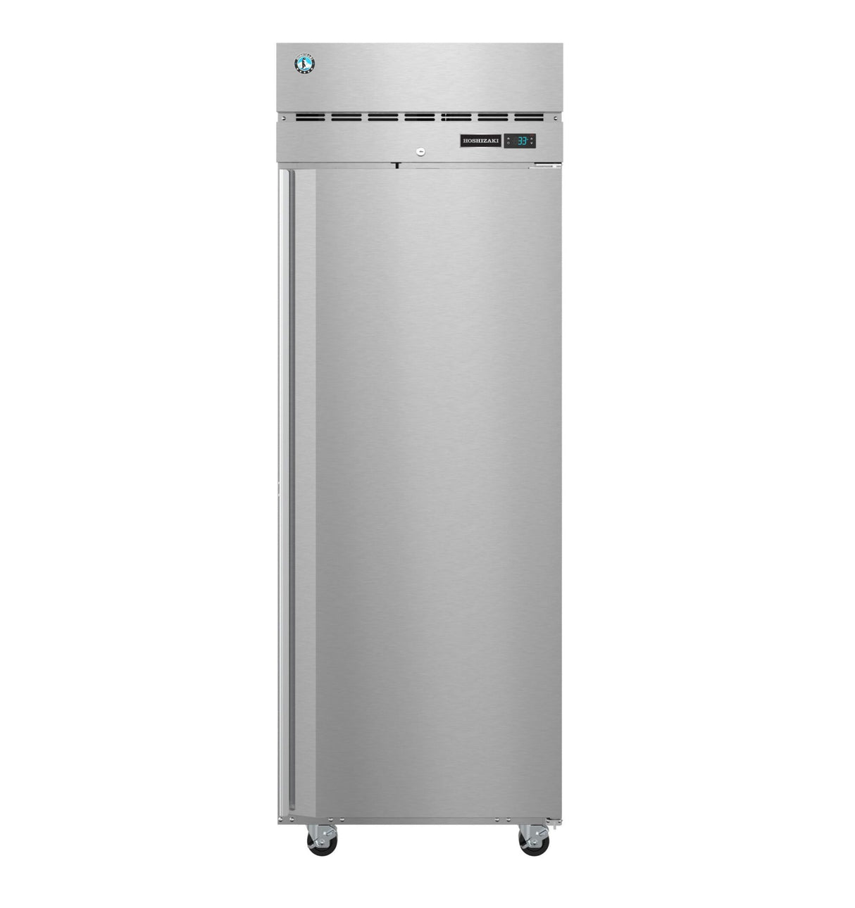 A tall, single-door Hoshizaki Steelheart Series Freezer stands upright on four small wheels. The reach-in freezer features a vented panel and a digital control display near the top, with a smooth metallic surface and vertical handle on the left.