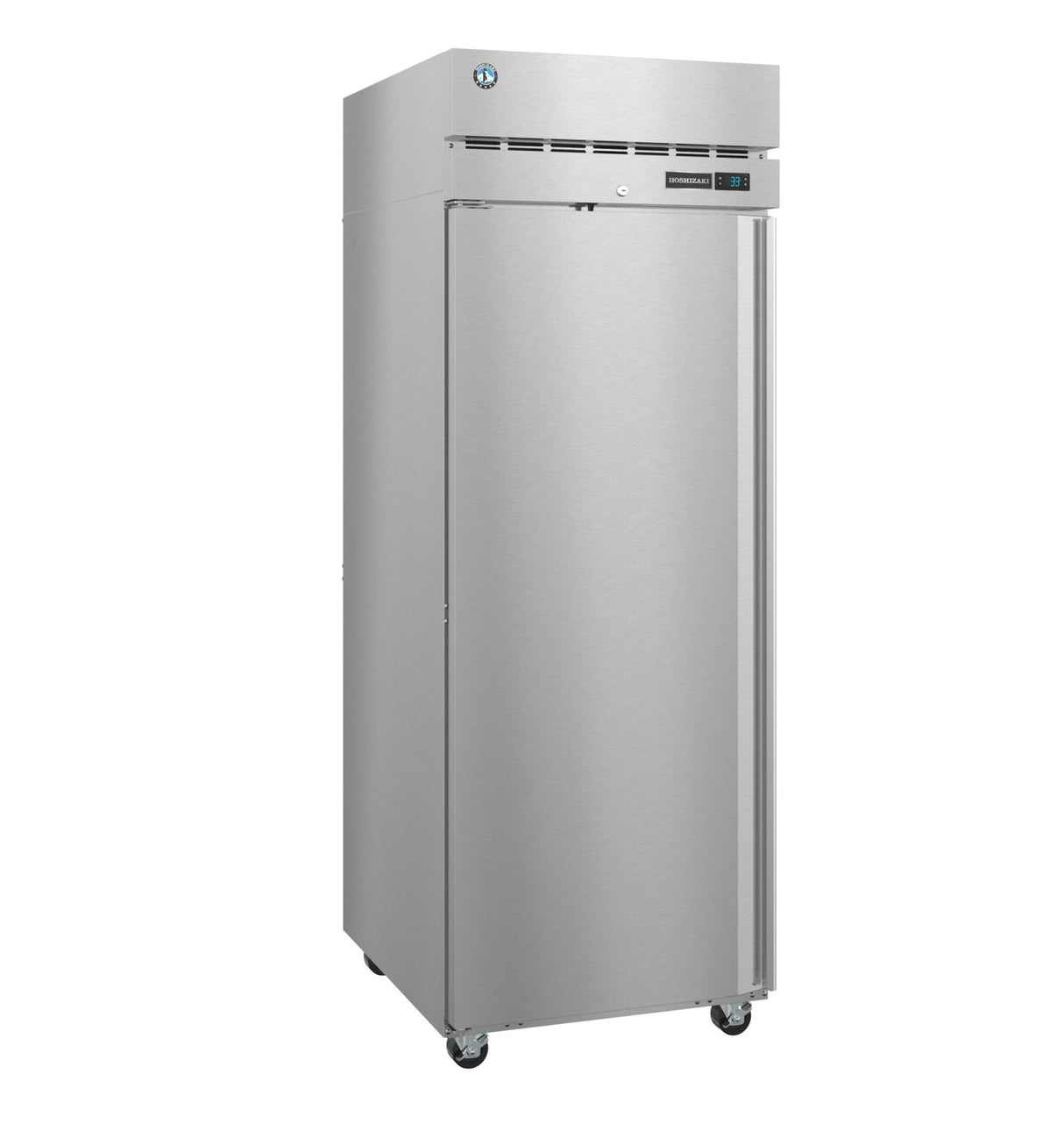 A commercial, single-door Steelheart Series Freezer stands on four wheels. The top section features a vent and a digital control panel with a small display. With a stainless steel interior and sleek, industrial appearance, it offers both style and durability.