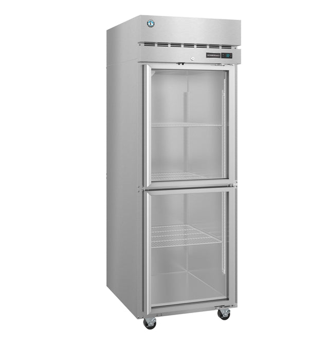 A tall Hoshizaki Steelheart Freezer features two transparent glass doors, four wire shelves, and a digital control panel. This reach-in freezer is made of stainless steel and sits on four wheels for easy mobility. The interior is empty.