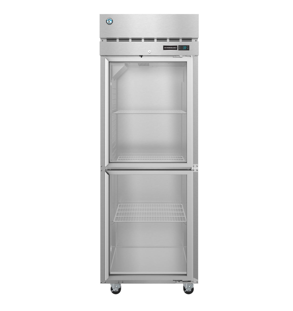 A tall, stainless steel Hoshizaki Steelheart Freezer with glass front doors. It has three wire shelves, two in the upper section and one in the lower, stands on four wheels, and features a digital temperature display at the top.