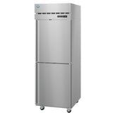 A tall, stainless steel Hoshizaki F1A-HS reach-in freezer with two doors, digital display, and top ventilation. This Steelheart Series Freezer stands on four wheels and has a sleek, industrial design ideal for kitchens or restaurants.