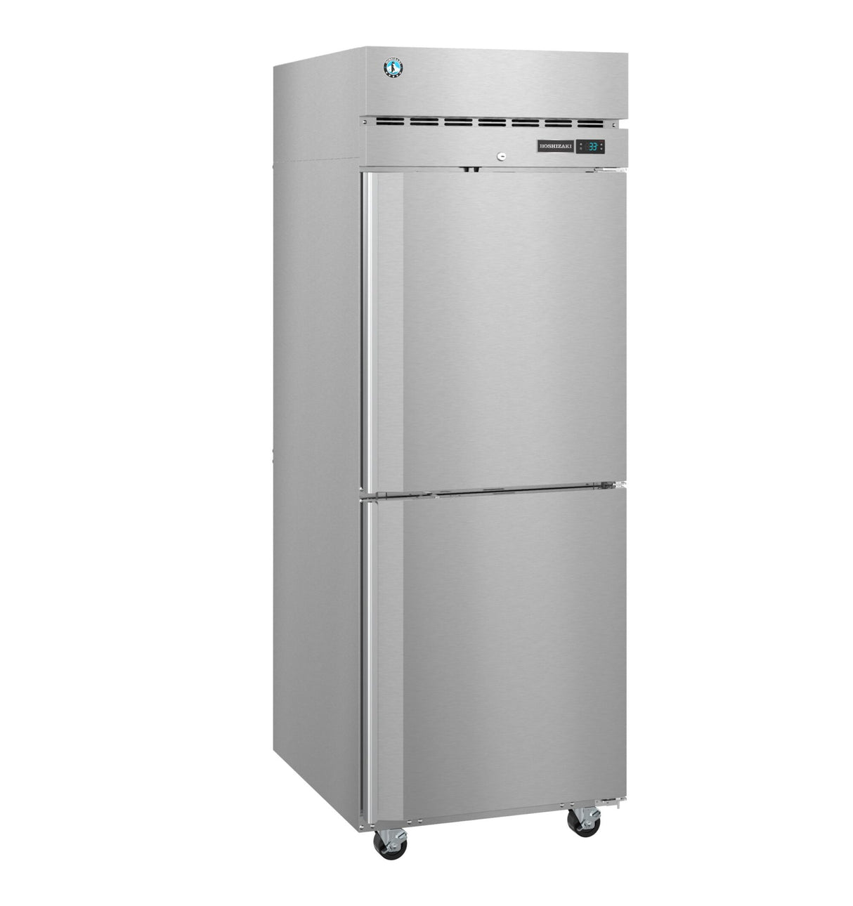 A tall, industrial Hoshizaki F1A-HS Steelheart Series Freezer with two vertically stacked doors, digital temperature display, ventilation slots on top, and four caster wheels at the base for mobility. Its shiny stainless steel surface offers a simple, modern design.
